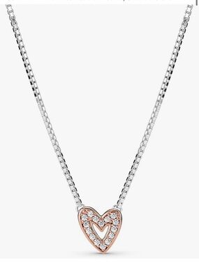 Pandora Silver chain Necklace with Rose gold pavé heart pendant